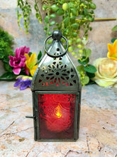 Load image into Gallery viewer, Antique Effect Moroccan Style Red Glass Zinc Lantern Candle Tealight Holder-OsirisTradingUK