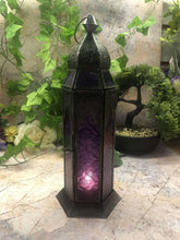 Charger l'image dans la galerie, Antique Effect Moroccan Style Purple Glass Zinc Lantern Candle Tealight Holder