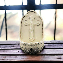 Load image into Gallery viewer, Porcelain Crucifix Holy Water Font, 13cm White Hanging or Standing, Religious Decor with Gold Detailing