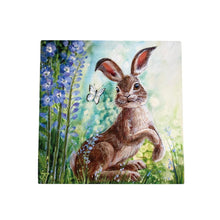 Load image into Gallery viewer, Delphinium Hare Ceramic Art Tile by Judith Yates 20x20 cm - Ready to Hang - Boxed Gift - Beautiful Hand-Painted Hare Design