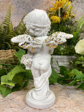 Load image into Gallery viewer, Elegant Cherub with Golden Rose Basket Statue, Artisanal Cherub Sculpture, Heavenly Floral Decor, Angelic Figurine, Unique Handcrafted Gift-OsirisTradingUK