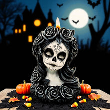 Laden Sie das Bild in den Galerie-Viewer, Gothic Day of the Dead Skull Tea Light Holder Flor de Muerte Day of the Dead Bust