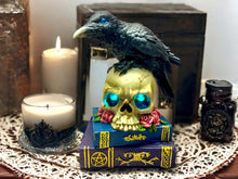 Load image into Gallery viewer, Mystical Raven on LED Skull with Witchcraft Books | Gothic Home Decor | Halloween Decoration Raven Figurine | Witchcraft Gift | Occult Decor-OsirisTradingUK