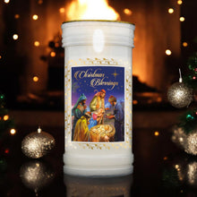 Laden Sie das Bild in den Galerie-Viewer, Christmas Blessings Nativity Pillar Candle with Gold Foil – 14x6cm Christmas Decor, Festive Holy Family Scene Candlelight, Religious Holiday Ornament