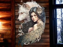 Load image into Gallery viewer, Mystic Wolf Spirit Metal Wall Sign - Enchanting Woman and Wolves Art - Elegant Fantasy Decor - Nature Inspired Gift