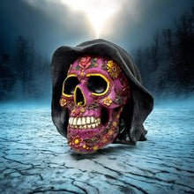 Laden Sie das Bild in den Galerie-Viewer, Gothic Day of the Dead Skull Statue - Purple Floral Fantasy Ornament