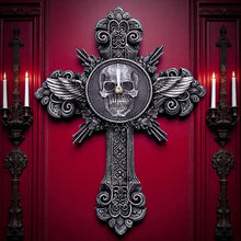 Laden Sie das Bild in den Galerie-Viewer, Horas Gothic Wall Clock Skull Cross Wings Silver Dark Fantasy Halloween Decor