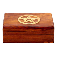 Load image into Gallery viewer, Sheesham Wood Pentagram Jewellery Box Pagan Witchcraft Altar Storage Chest 17.5cm
