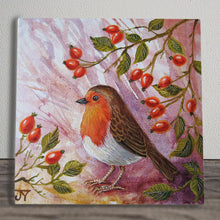 Load image into Gallery viewer, ROSE HIP ROBIN Ceramic Art Tile by Judith Yates - 20x20 cm - Ready to Hang - Collectible Home Decor