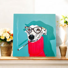 Load image into Gallery viewer, Delores Whippet Dog Ceramic Art Tile 20x20cm by Victoria Coleman - Quirky Wall Decor, Ready to Hang, Unique Dog Lover Gift, Handmade Ceramic Tile Art"