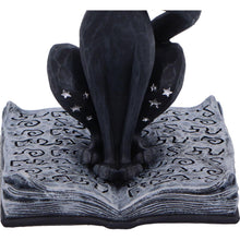 Laden Sie das Bild in den Galerie-Viewer, Mystical Gothic Black Cat Figurine on Open Spell Book Wiccan Altar Decor
