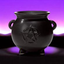 Load image into Gallery viewer, Ceramic Black Witches Cauldron Oil Burner with Pentagram - Gothic Home Decor