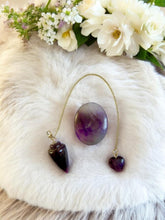 Load image into Gallery viewer, Amethyst Dowsing Pendulum with Heart Charm & Thumb Stone, Crystal Healing Tool - 24cm