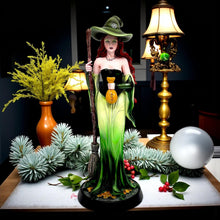 Load image into Gallery viewer, Prosperity Fantasy Witch Figurine with Broom and Gold Bag Gothic Wiccan Statue