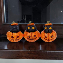 Load image into Gallery viewer, Black Cat Pumpkin Ornaments Set 3 See Hear Speak No Evil Gothic Halloween Figures