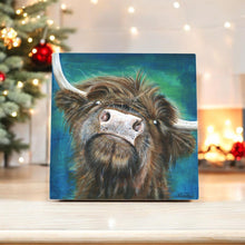 Load image into Gallery viewer, Flora Highland Cow Ceramic Art Tile by Pankhurst Gallery 20x20 cm Ready to Hang