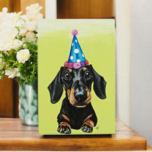 Load image into Gallery viewer, Party Sausage Dachshund Dog Ceramic Art Tile by Victoria Coleman - 20x30cm Ready to Hang, Cute Dog Decor, Gift for Dog Lovers, Fun Animal Wall Art, Pet-Themed Ceramic Tile