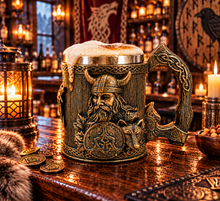 Laden Sie das Bild in den Galerie-Viewer, Viking Beer Tankard Warrior Wolf Shield Norse Nordic Medieval Fantasy Mug Gift