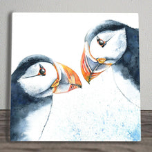 Load image into Gallery viewer, Puffins Ceramic Art Tile by Val Goldfinch 20x20 cm | Wall Art Decor | Ready to Hang | Unique Gift in Box