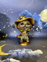 Load image into Gallery viewer, Gold Effect Comical Cat Statue with Witch Hat & Cape - Halloween Decor Resin Figurine - Witchy Cat Ornament