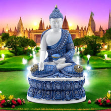 Laden Sie das Bild in den Galerie-Viewer, Elegant White & Blue Buddha Ornament - Lotus Pose Meditation Decor 26.5cm