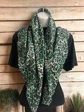 Load image into Gallery viewer, Chic Green Leopard Print Scarf, Trendy Animal Pattern Cotton Wrap, Fashionable Square Scarf, Versatile for All Seasons-OsirisTradingUK