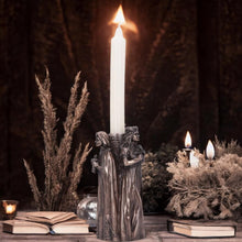 Load image into Gallery viewer, Maiden, Mother, Crone Candle Holder | Triple Goddess Bronze Decor | Handcrafted Resin 17cm