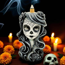 Laden Sie das Bild in den Galerie-Viewer, Gothic Backflow Incense Burner Day of the Dead Lady Skull Holder Halloween Art