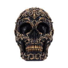 Laden Sie das Bild in den Galerie-Viewer, Ornate Black and Gold Skull Ornament Gothic Home Décor Elegant Skull Sculpture