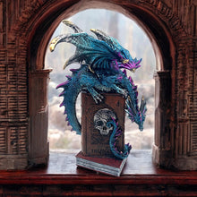 Laden Sie das Bild in den Galerie-Viewer, Blue Alchemy Dragon Figurine - Skull Book Sculpture Gothic Fantasy Ornament