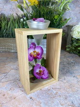 Laden Sie das Bild in den Galerie-Viewer, Elegant Orchid Artificial Flower Arrangement with Wooden Candle Holder - 19 cm Tall-OsirisTradingUK