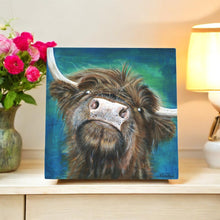 Load image into Gallery viewer, Flora Highland Cow Ceramic Art Tile by Pankhurst Gallery 20x20 cm Ready to Hang