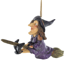 Load image into Gallery viewer, Charming Resin Witch on Broomstick Figurine - Spooky Halloween Decor - Hanging Witch Statue