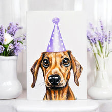 Load image into Gallery viewer, Party Dachshund Ceramic Tile Art 20X30cm Wall Decor by Victoria Coleman - Ready to Hang | Adorable Dog Themed Art Tile, Dachshund Gift, Unique Home Decor