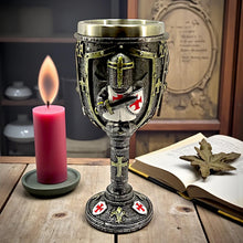 Load image into Gallery viewer, Medieval Knight Goblet with Shield and Sword Crusader Chalice Resin Fantasy Gift