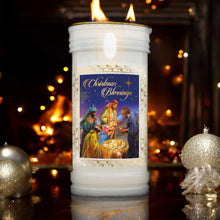 Laden Sie das Bild in den Galerie-Viewer, Christmas Blessings Nativity Pillar Candle with Gold Foil – 14x6cm Christmas Decor, Festive Holy Family Scene Candlelight, Religious Holiday Ornament