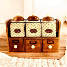 Load image into Gallery viewer, Rustic Wooden Tea Coffee Sugar Storage Rack with Ceramic Jars and Drawers - Wall Mountable