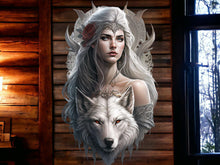 Load image into Gallery viewer, Enigmatic Wolf Queen Metal Wall Sign - Mystical White Wolf and Warrior Maiden Art, 48x29 cm, Ethereal Fantasy Home Decor-OsirisTradingUK