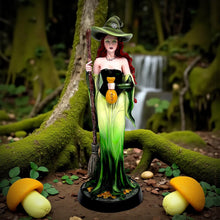 Load image into Gallery viewer, Prosperity Fantasy Witch Figurine with Broom and Gold Bag Gothic Wiccan Statue