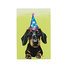 Load image into Gallery viewer, Party Sausage Dachshund Dog Ceramic Art Tile by Victoria Coleman - 20x30cm Ready to Hang, Cute Dog Decor, Gift for Dog Lovers, Fun Animal Wall Art, Pet-Themed Ceramic Tile