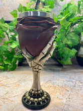 Load image into Gallery viewer, Skeleton Hand & Rose Halloween Goblet - Gothic Resin Statue with Stainless Steel Insert - Skull-Ornated Base, Unique Drinking Vessel-OsirisTradingUK