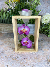 Laden Sie das Bild in den Galerie-Viewer, Elegant Orchid Artificial Flower Arrangement with Wooden Candle Holder - 19 cm Tall-OsirisTradingUK