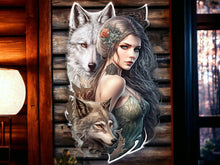 Load image into Gallery viewer, Mystical Wolf and Maiden Metal Wall Sign - Enchanting Forest-Themed Art, Perfect for Home Decor and Fantasy Enthusiasts-OsirisTradingUK