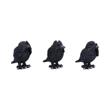 Laden Sie das Bild in den Galerie-Viewer, Three Wise Raven Figurines Gothic See No ,Hear No, Speak No Evil Ravens pagan