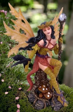 Load image into Gallery viewer, Autumn Enchantress Fairy with Raven Companion Figurine, Mystical Forest Decor, Sorceress Statue, Unique Fantasy Art, Gothic Home Accent