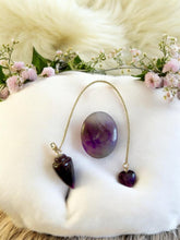 Load image into Gallery viewer, Amethyst Dowsing Pendulum with Heart Charm & Thumb Stone, Crystal Healing Tool - 24cm