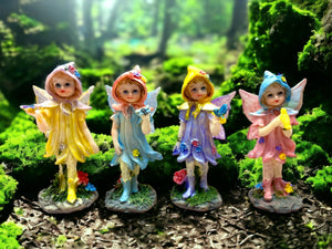 Enchanted Miniature Flower Fairy Figurines, Set of 4 - Whimsical Decor, Perfect for Fairy Garden - Gift Ready with Charming Bags