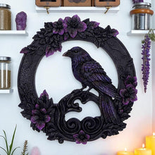 Laden Sie das Bild in den Galerie-Viewer, Gothic Raven Wall Plaque Dark Bird Wreath Floral Witchcraft Ornament Decor