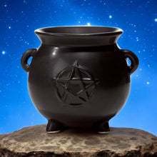 Load image into Gallery viewer, Ceramic Black Witches Cauldron Oil Burner with Pentagram - Gothic Home Decor