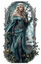 Laden Sie das Bild in den Galerie-Viewer, Elegant Sword Maiden with Wolf Metal Wall Art – Fantasy Gothic Style Panel – 48cm Home D